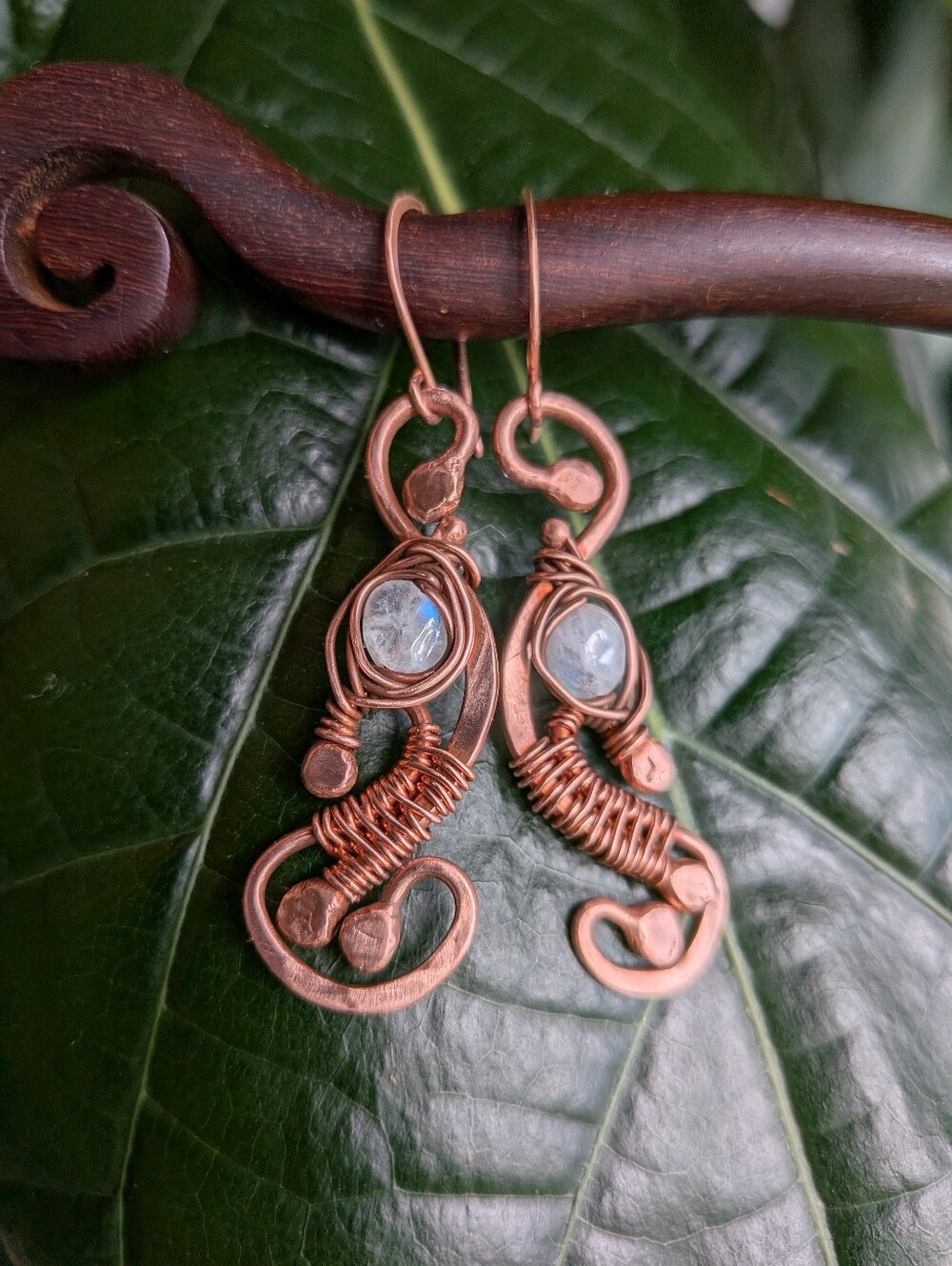 Artisan Copper Earrings with Moonstones - Picture 2 of 11